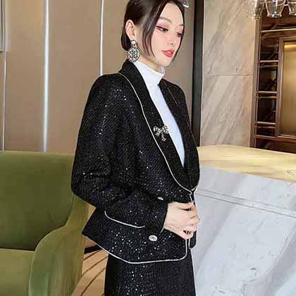秋冬新款名媛氣質(zhì)亮片粗呢上衣+粗花呢半裙時(shí)尚套裝