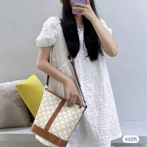 大品牌真皮女包老花抽繩水桶包 大容量圓筒包 CELINE新款腋下包