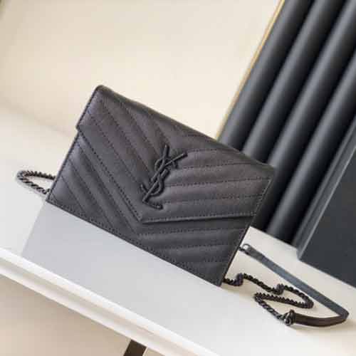 知名品牌YSL斜挎鏈條包 圣羅蘭黑金logo標信封包