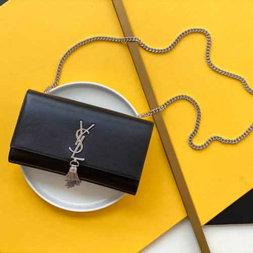 圣羅蘭斜跨牛皮鏈條包 YSL黑金woc中號