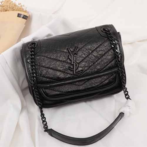 圣羅蘭NIKI中號黑色女包 YSL復(fù)古褶皺單肩鏈條包