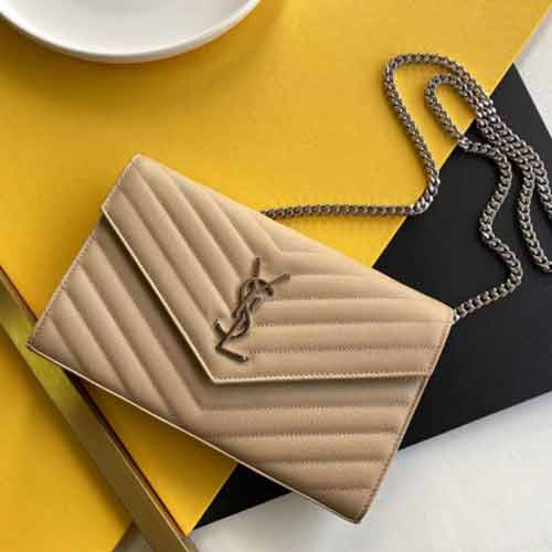 特級精品yslv紋單肩斜挎鏈條包 圣羅蘭白色銀扣信封包