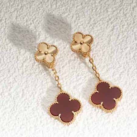 四葉草雙花紅玉髓璣鏤雕花耳環(huán)，超美超顯氣質(zhì)女