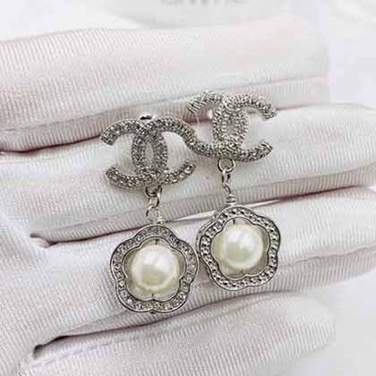 chane新款女士耳環經典雙C鑲鉆水晶耳墜珍珠字
