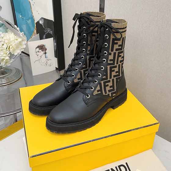 高等品牌Fend馬丁靴女冬季潮流女靴粗跟高幫皮靴機車