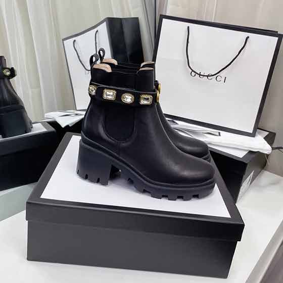 品牌古奇秋冬中筒圓頭女靴黑色真皮英倫潮流高幫馬丁靴