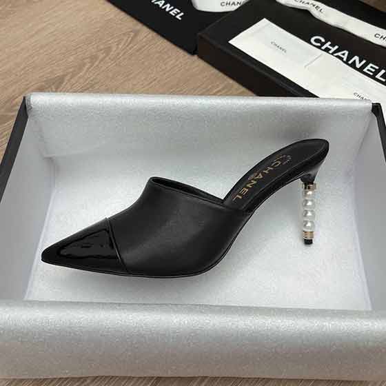 Chane 尖頭高跟小香coco珍珠跟拖鞋/單鞋