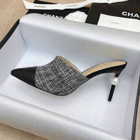 半拖單鞋Chane 小香coco珍珠跟拖鞋/單鞋