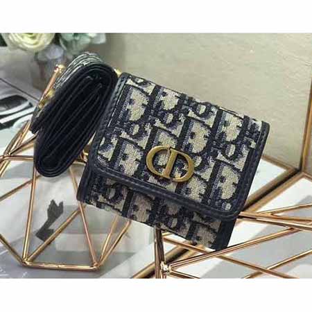 迪奧男士錢包 藍色 Oblique 印花翻蓋錢包