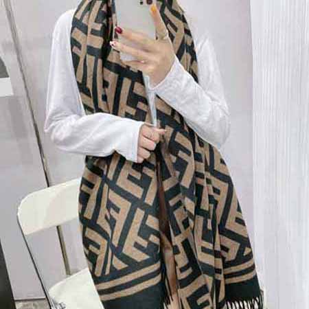 高等圍巾女新款字母咖色羊絨圍脖 芬迪時尚洋氣雙面大品牌披肩