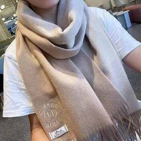 Hermes拼色logo流蘇細節女士圍巾 冬季保暖羊絨羊毛披肩