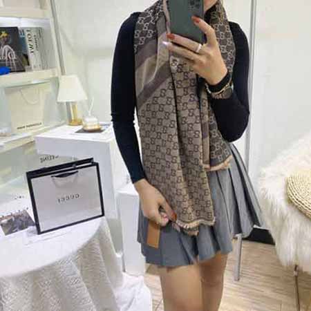 GUCCI古奇GG提花流蘇針織圍巾