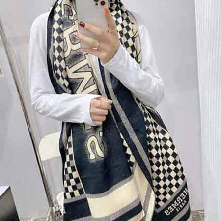 愛馬仕羊絨圍巾女士冬季高等感雙面兩用大披肩大品牌字母秋冬保暖加厚圍脖